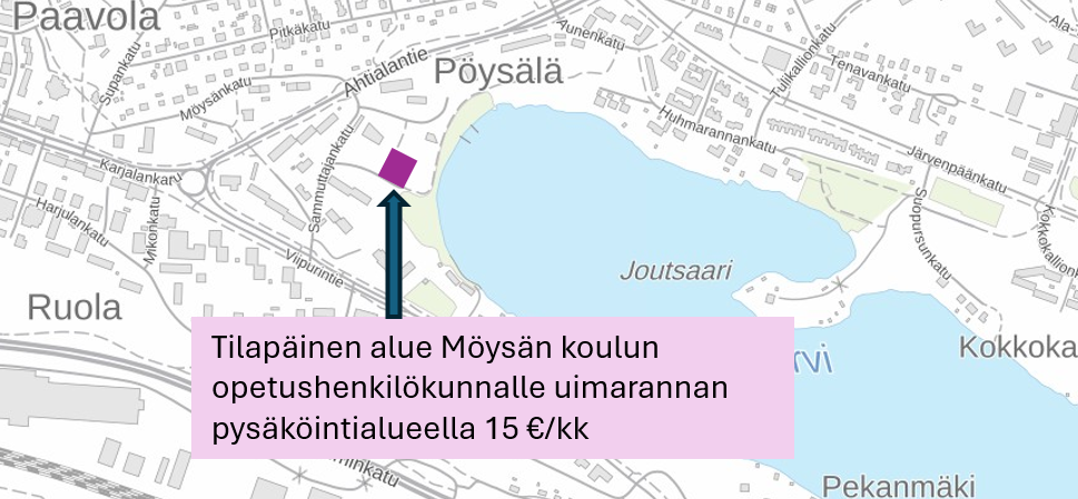 Tilapäinen alue Möysän koulun opetushenkilökunnalle, läheisen uimarannan pysäköintialue kartalla