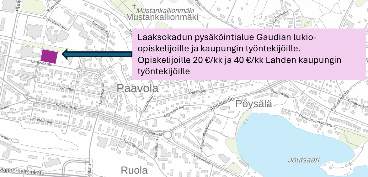 Laaksokadun pysäköintialue Gaudian lukio-opiskelijoille ja kaupungin työntekijöille kartalla