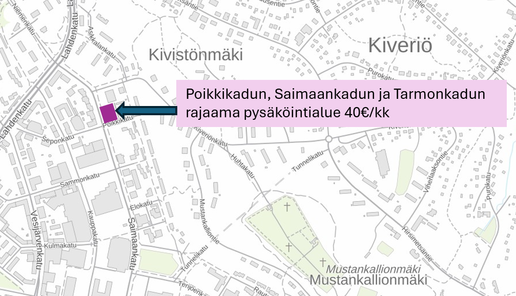 Poikkikadun, Saimaankadun ja Tarmonkadun rajaama pysäköintialue kartalla