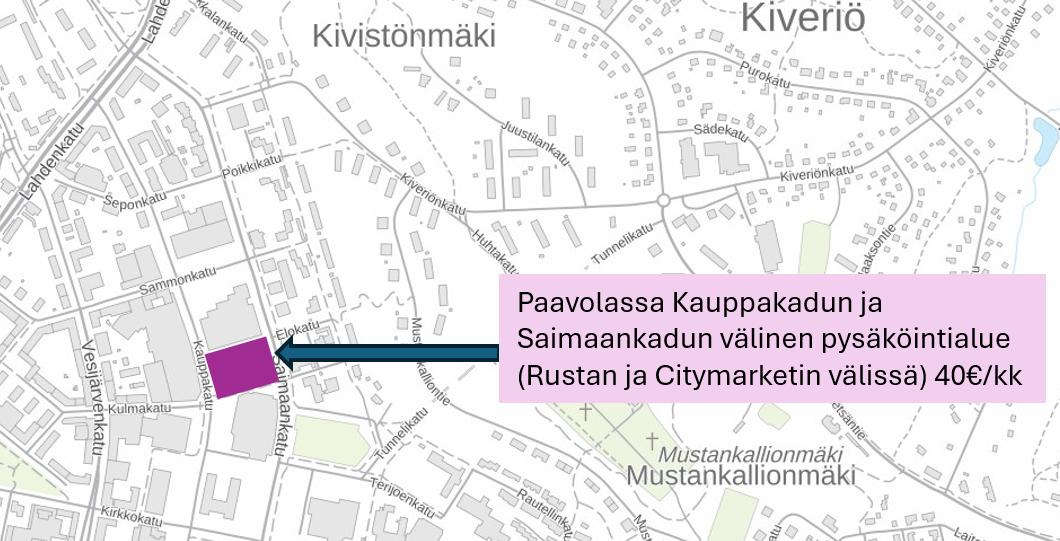 Paavolassa Kauppakadun ja Saimaankadun välinen pysäköintialue (Rustan ja Citymarketin välissä) kartalla