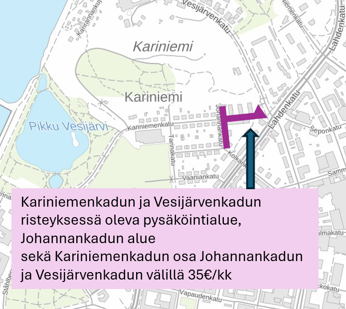 Kariniemenkadun ja Vesijärvenkadun risteyksessä oleva pysäköintialue, Johannankadun alue sekä Kariniemenkadun osa Johannankadun ja Vesijärvenkadun välillä kartalla